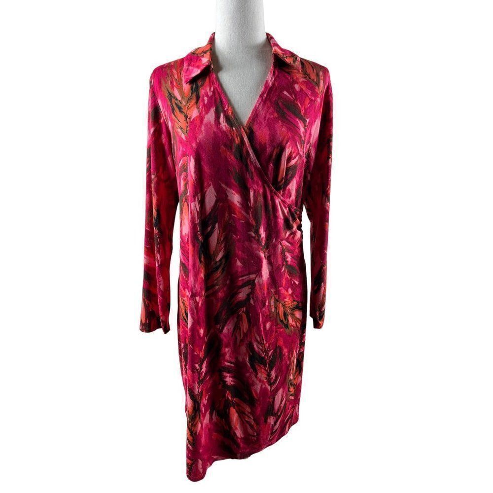 J. Jill Wearever Collection Collared Faux Wrap Feather Print Dress Petite Medium